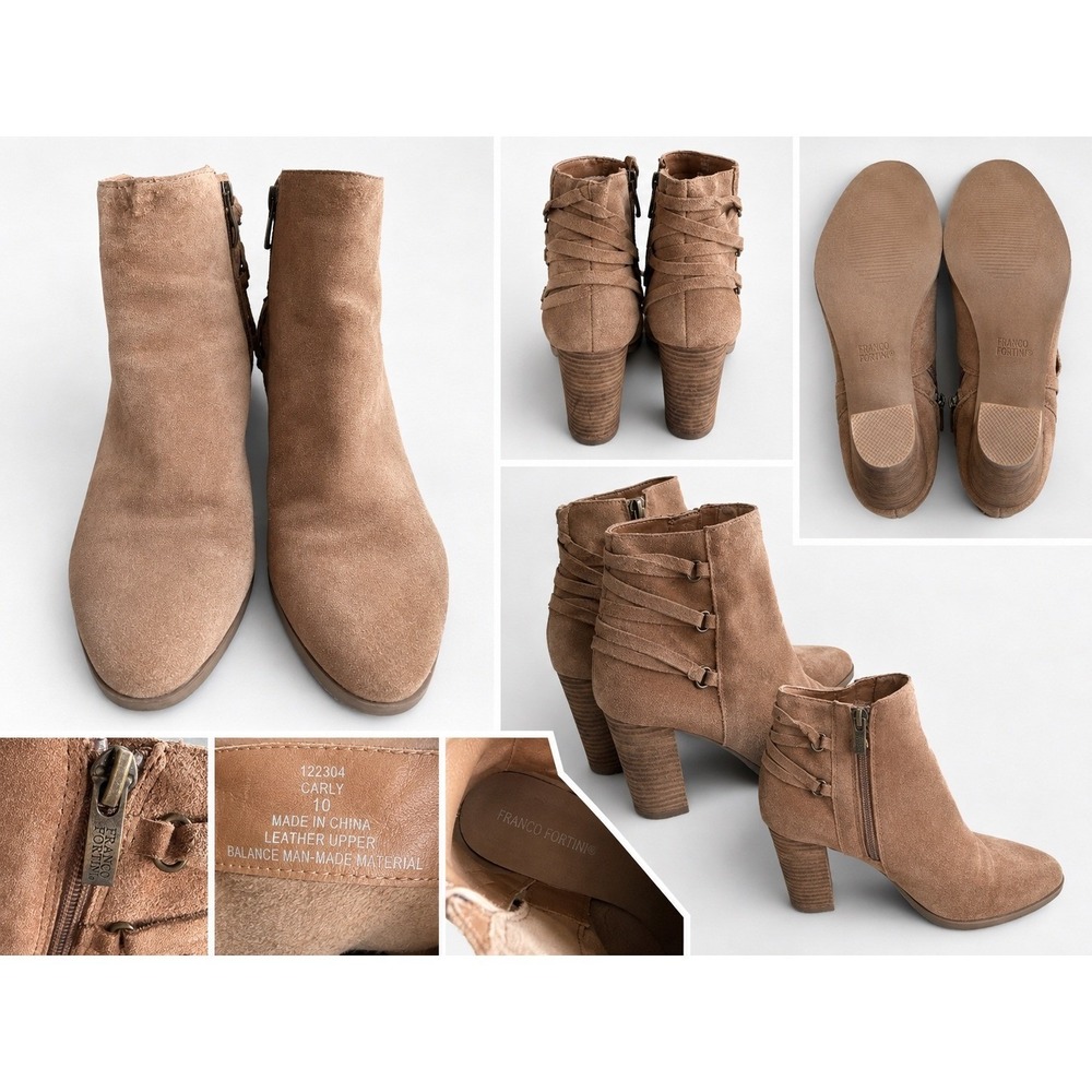Franco Fortini Carly Bootie Women 10 Tan Good Leather Strappy Block Heel 122304